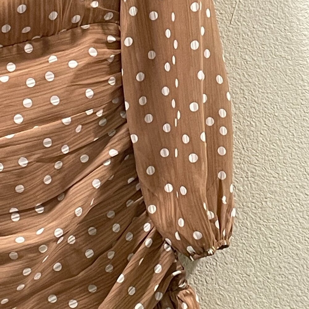 STORIA Long Sleeve Mini Dress V-Neck Ruched Polka Dot  Tan/White Women S - Picture 7 of 13